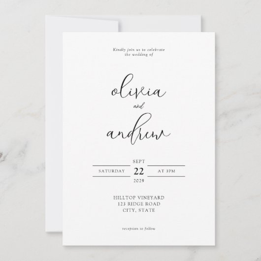Invitation Simple moderne Mariage de script noir et blanc (Devant)