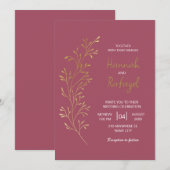 Invitation Simple Moderne Mariage Rose Feuille D'or (Devant / Derrière)