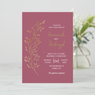 Invitation Simple Moderne Mariage Rose Feuille D'or