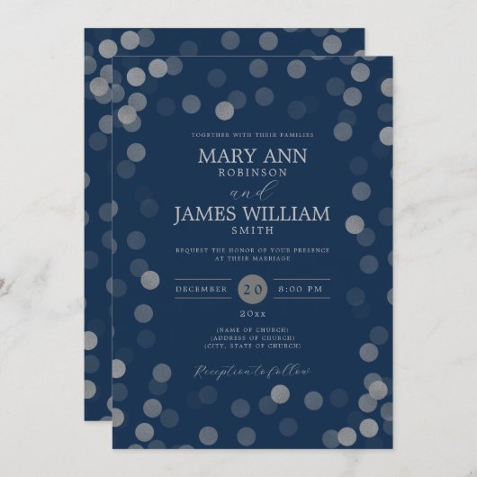 Invitation Simple moderne Mariage Silver Confetti Navy (Devant / Derrière)
