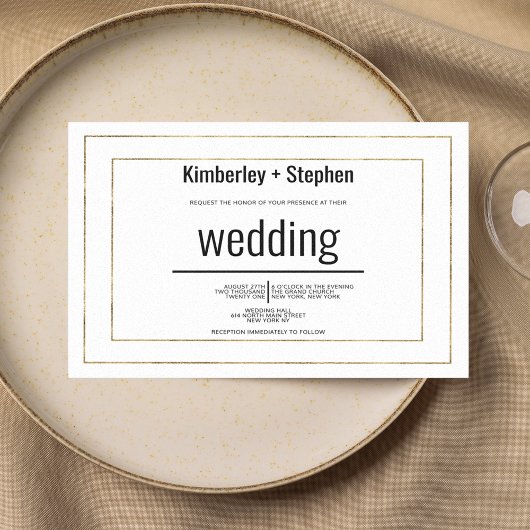 Invitation Simple moderne mariage typographie noir blanc or