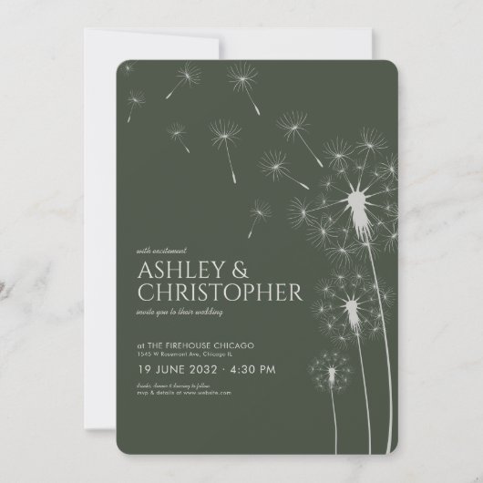 Invitation Simple moderne Moss Green Dandelion Mariage (Devant)