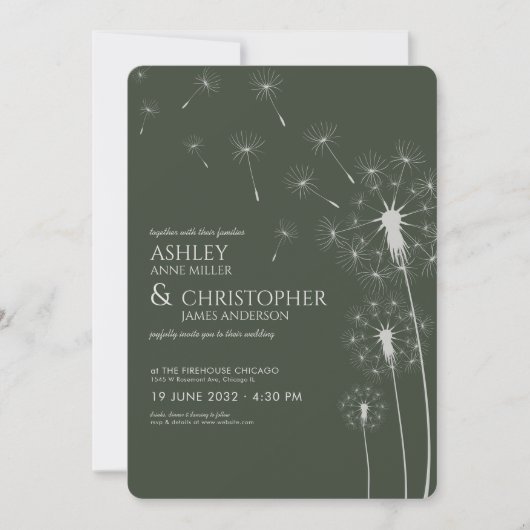 Invitation Simple moderne Moss Green Dandelion Mariage (Devant)