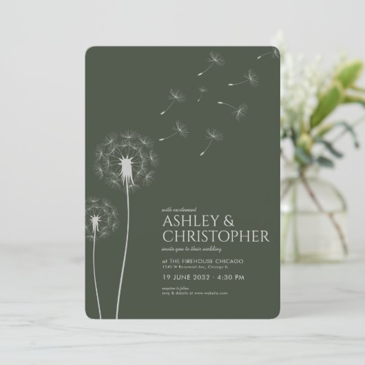 Invitation Simple moderne Moss Green Dandelion Mariage (Debout devant)