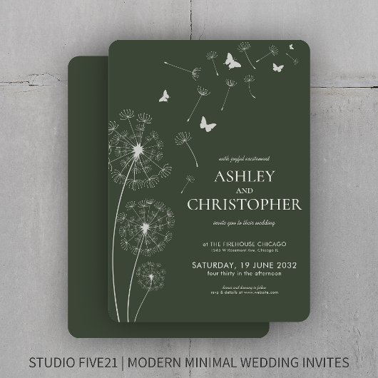Invitation Simple moderne Moss Green Dandelion Mariage