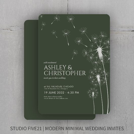 Invitation Simple moderne Moss Green Dandelion Mariage