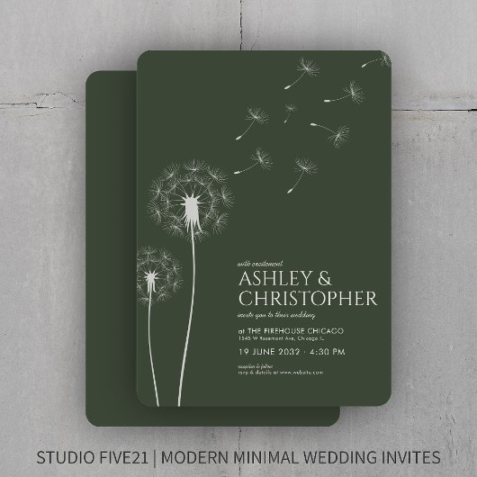 Invitation Simple moderne Moss Green Dandelion Mariage