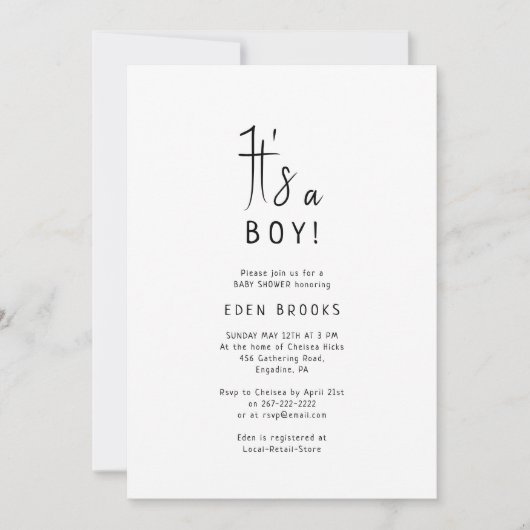Invitation Simple Moderne Neutre C'Est Un Garçon ! Baby showe (Devant)