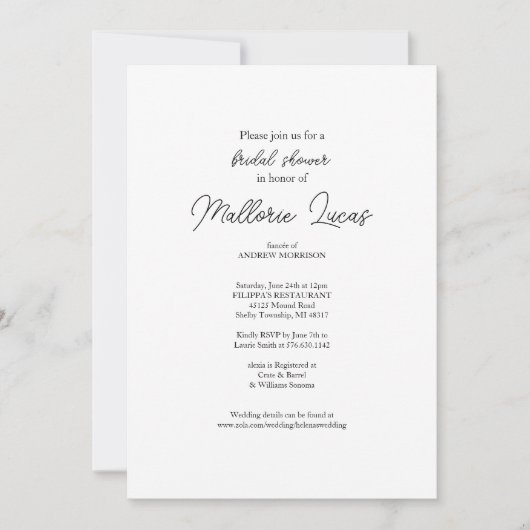 Invitation simple moderne Noir Blanc Douche nuptia (Devant)