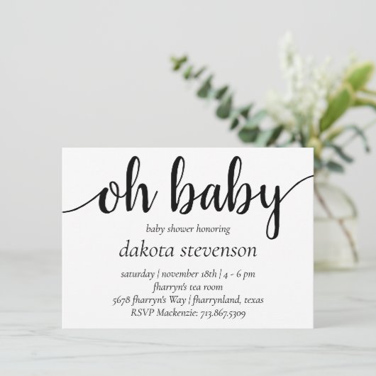 Invitation Simple moderne Oh Baby | Flourish Script Douche (Debout devant)