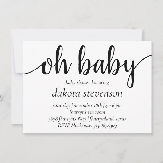 Invitation Simple moderne Oh Baby | Flourish Script Douche (Devant)