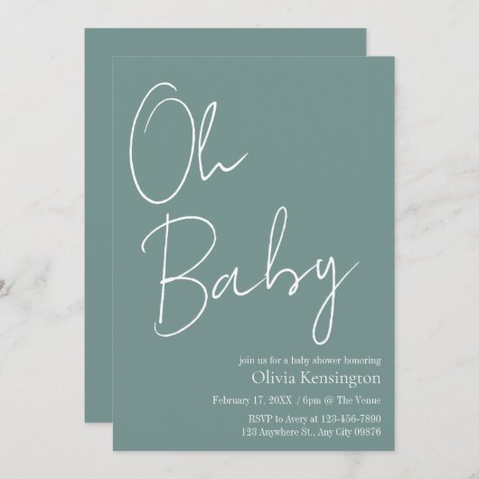 Invitation Simple moderne Oh Baby Sage Baby shower vert (Devant / Derrière)