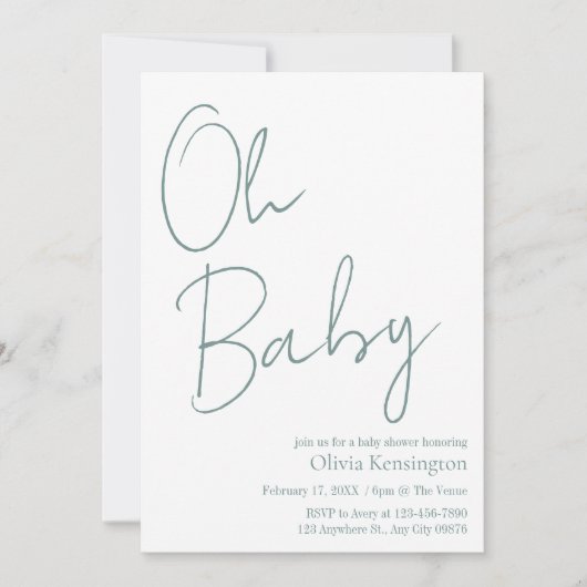 Invitation Simple moderne Oh Baby Sage Baby shower vert (Devant)