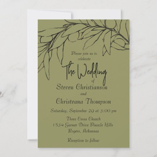 Invitation Simple moderne Olive Green Mariage de branche d'ol (Devant)
