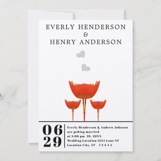 Invitation Simple moderne Orange Poppies & Coeurs Mariage (Devant)