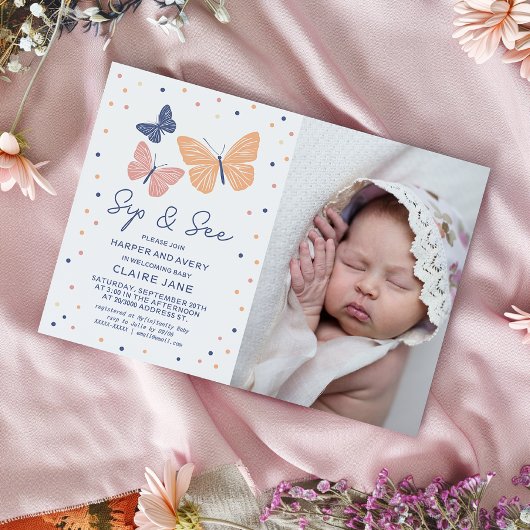Invitation Simple moderne Papillon photo Sip et voir