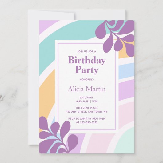 Invitation Simple moderne Pastel Rainbow Leaf fête d'annivers (Devant)
