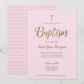 Invitation Simple moderne Pink Gold Cross bébé Fille Baptême (Devant / Derrière)