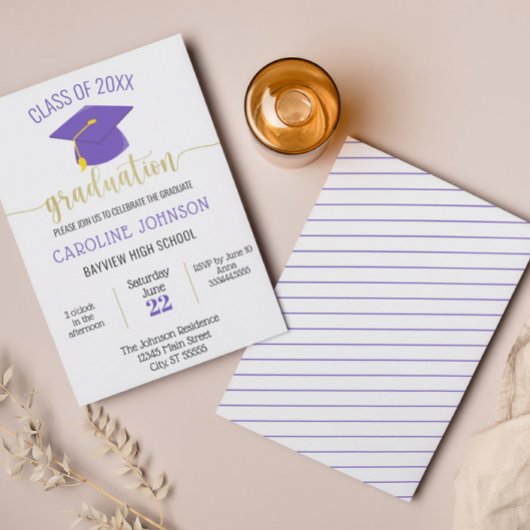 Invitation Simple Moderne Purple Gold Graduation