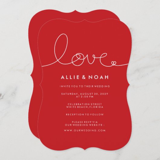 Invitation Simple moderne Red Loopy Love Coeur Mariage Invite (Devant / Derrière)