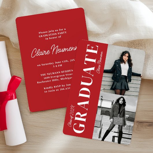 Invitation Simple moderne Red Photo Collage Party de graduati