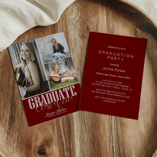 Invitation Simple moderne Red Photo Graduation Party