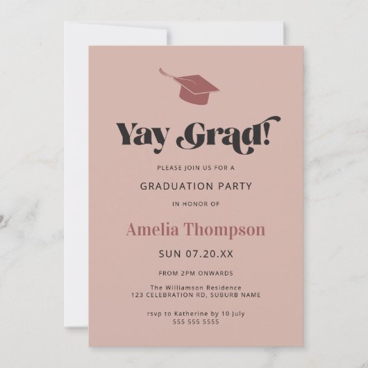 Invitation Simple Moderne Rose Gras Cap Party Graduation (Devant)