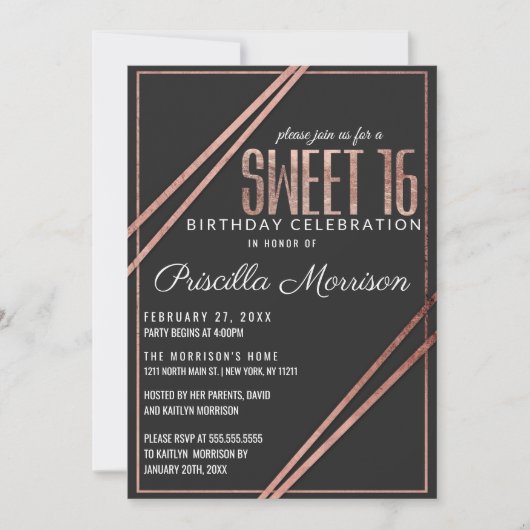 Invitation Simple moderne Rose noir or chic linéaire doux 16 (Devant)
