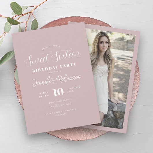 Invitation Simple moderne rose pâle photo douce 16 Seize