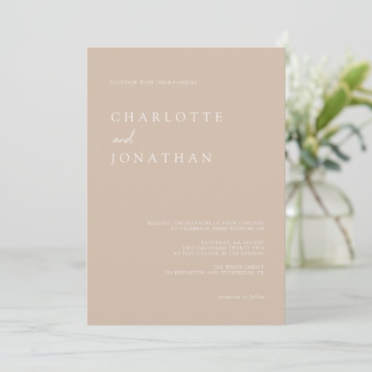 Invitation Simple moderne Script Taupe Mariage photo rose (Debout devant)
