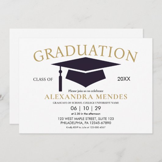 Invitation Simple moderne Simple Gold Script Graduation Party (Devant / Derrière)