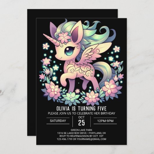 Invitation Simple moderne Unicorne numérique anniversaire (Devant / Derrière)