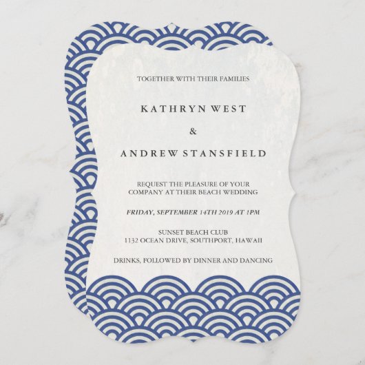 Invitation Simple moderne Vagues Bleu + Blanc Plage Mariage (Devant / Derrière)