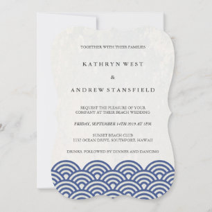 Invitation Simple moderne Vagues Bleu + Blanc Plage Mariage