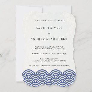 Invitation Simple moderne Vagues Bleu + Blanc Plage Mariage