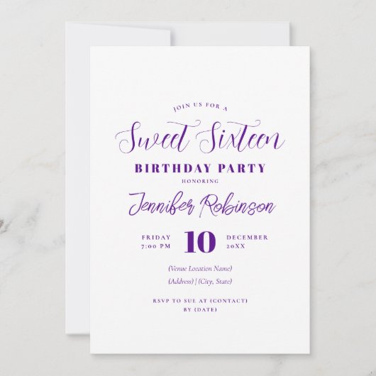 Invitation Simple moderne violet blanc photo doux 16 Seize (Devant)