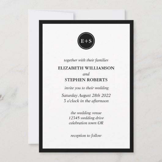 Invitation Simple Monogram | Mariage Noir et Blanc (Devant)