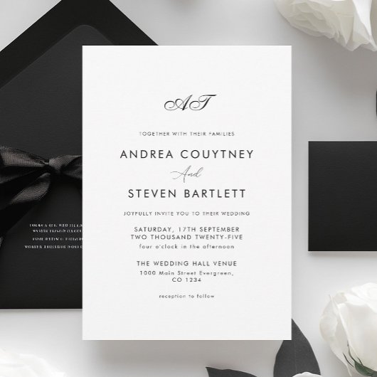 Invitation Simple Monogram Mariage Noir et Blanc