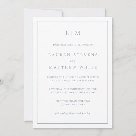 Invitation Simple Monogramme Bleu Poussiéreux Élégant de Mari (Devant)