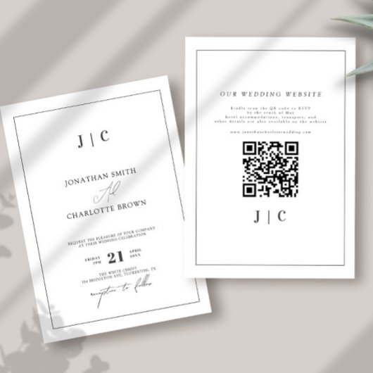 Invitation Simple Monogramme & Bordure Argent Gris Mariage