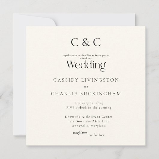 Invitation Simple Monogramme Carré Mariage Crème (Devant)