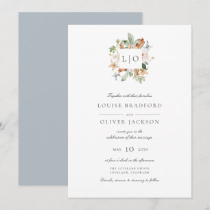 Invitation Simple Monogramme de mariage à l'aquarelle bleu po