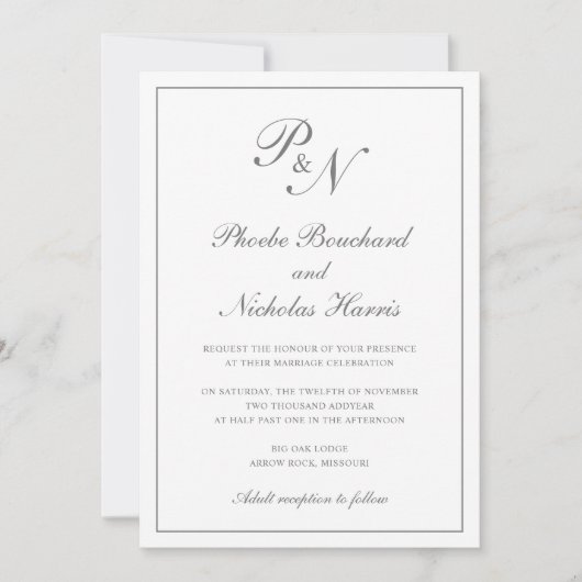 Invitation Simple Monogramme Élégant Gris Tout en un Mariage (Devant)