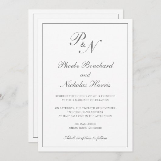 Invitation Simple Monogramme Élégant Gris Tout en un Mariage (Devant / Derrière)