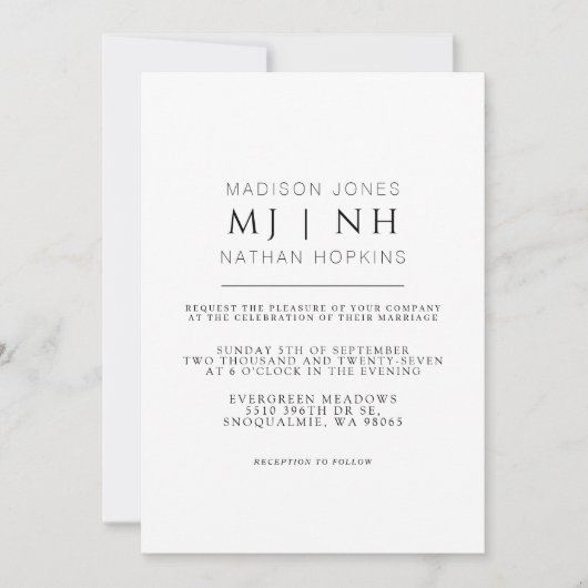 Invitation Simple Monogramme Elegant minimaliste Mariage (Devant)