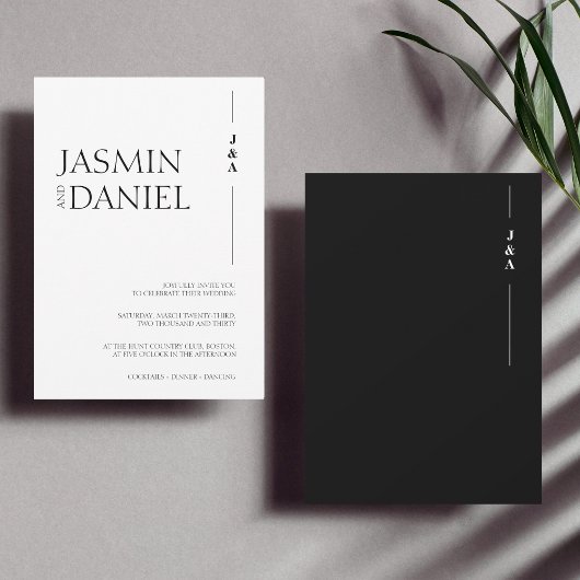 Invitation Simple Monogramme Initiales Mariage Noir Blanc