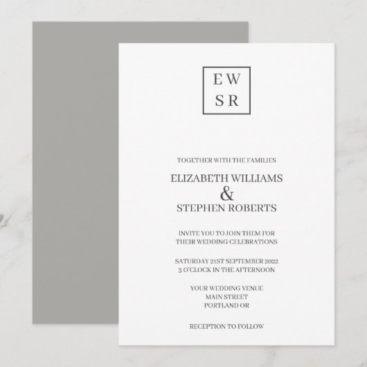 Invitation Simple Monogramme Mariage Blanc et Gris (Devant / Derrière)