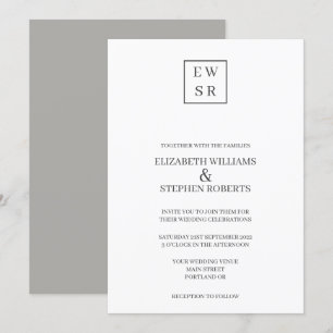 Invitation Simple Monogramme Mariage Blanc et Gris