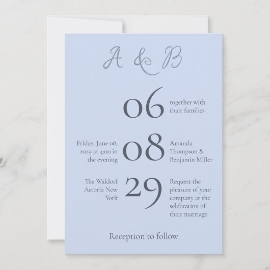 Invitation Simple Monogramme minimaliste Mariage bleu eau (Devant)