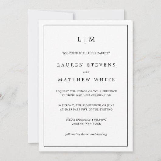 Invitation Simple Monogramme Noir et Blanc Élégant de Mariage (Devant)